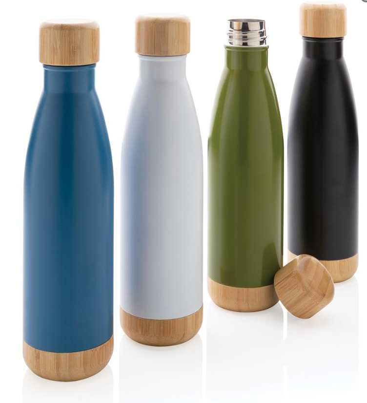 Vacuum stainless steel bottle with bamboo lid and bottom 