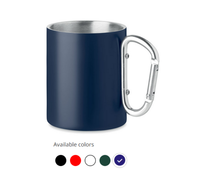 Stainless steel mug, with carabiner handle and logo, 300 ml 