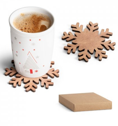 Set of 4  snowflake shaped coasters with logo
