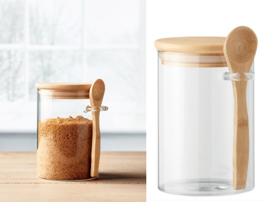 Borosilicate glass storage jar with a bamboo lid and spoon