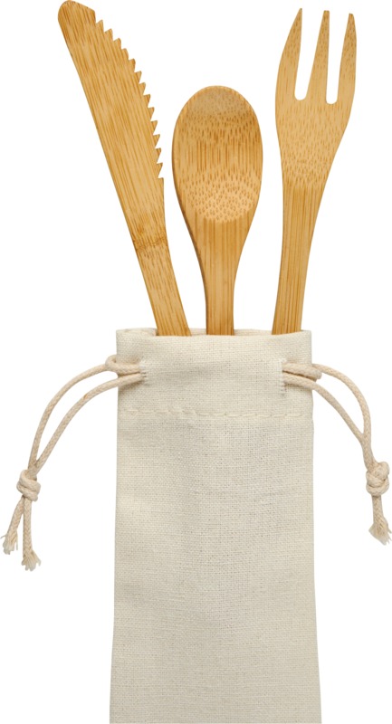 Jaunums! Galda piederumu komplekts ar logo, no bambusa koksnes, auduma maisiņā