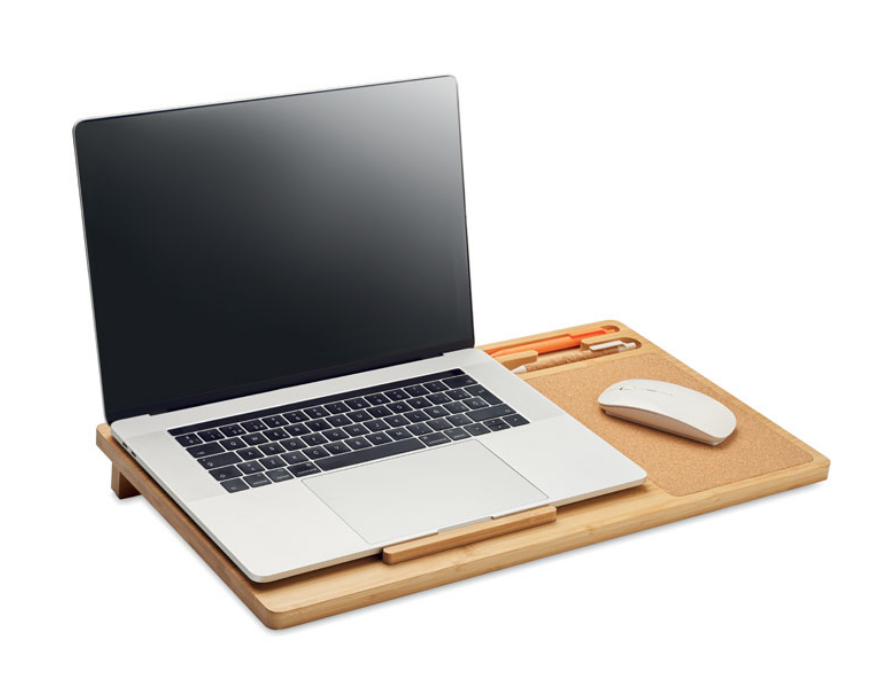 Bamboo laptop stand with staggered air vents and with cork mouse pad