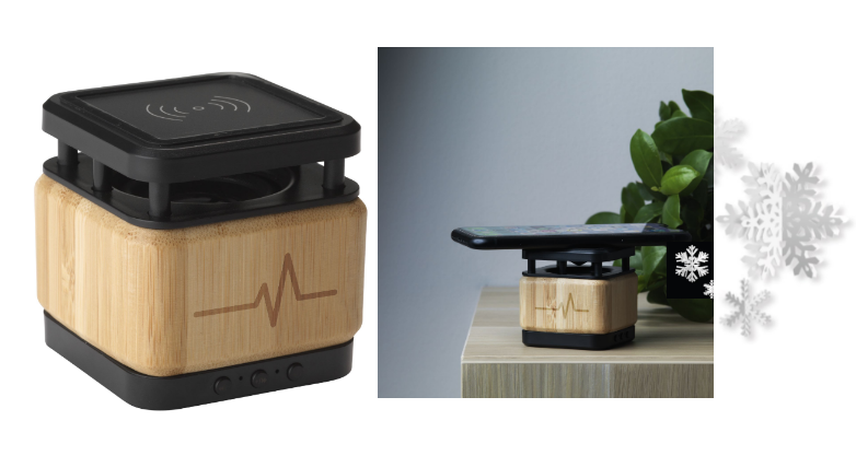 Bamboo Block Speaker with wireless charger with logo