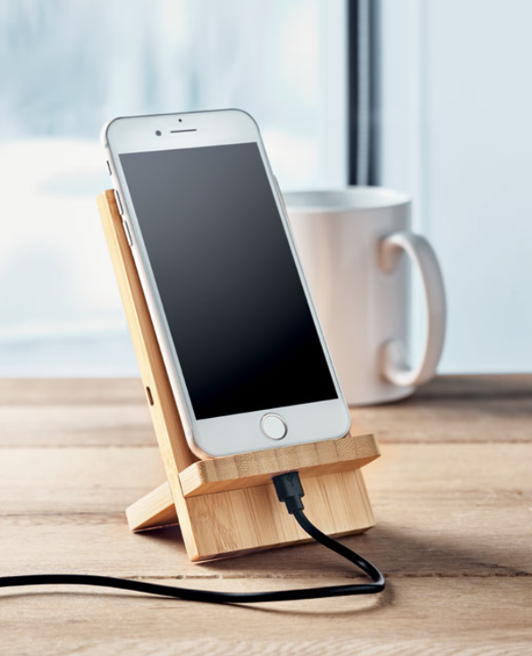 Double coil wireless charger stand in bamboo