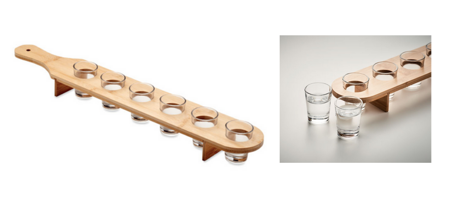 Set of 6 shot glasses on a bamboo paddle tray with logo