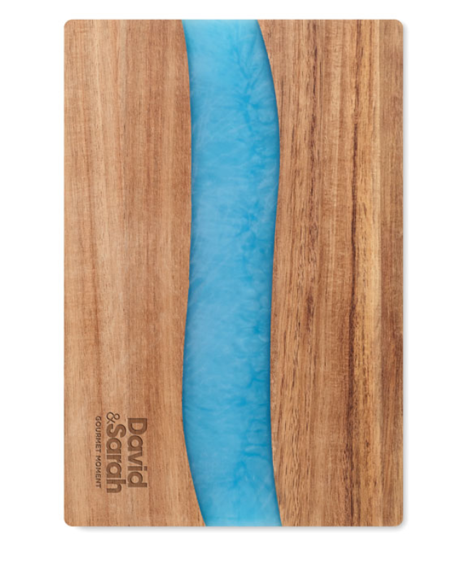 Acacia wood cutting board with epoxy resin detail "BLUE LINE"