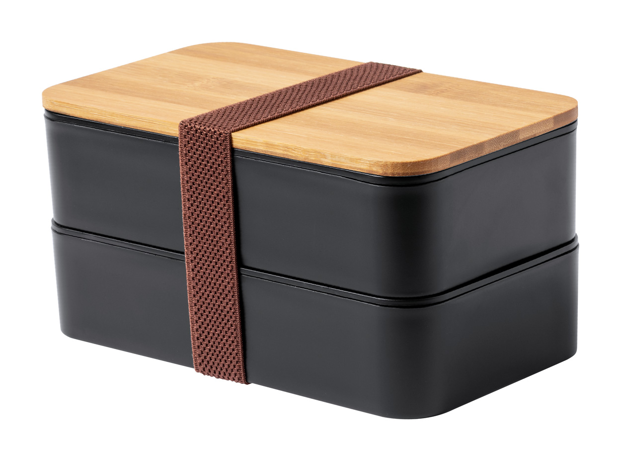 Divvdaļīga pusdienu kastīte "BAWAR"- melna, ar  bambusa vāku un logo