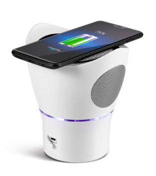 Speaker with microphone and wireless charger