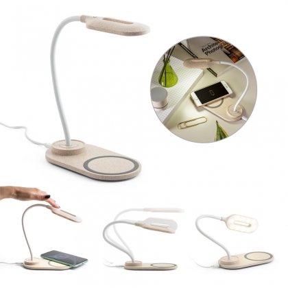 Galda lampa 10W no salmu šķiedras ar bezvadu lādētāju un logo