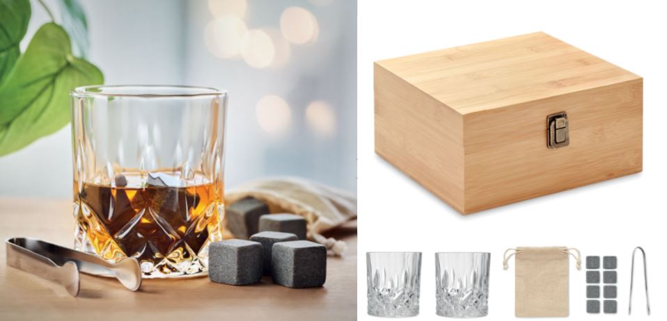Glāžu komplekts "INVERNES" ar viskija akmeņiem, bambusa kastītē ar logo