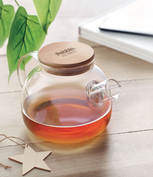 Kanniņa tējai ar sietiņu un skaistu bambusa vāciņu ar logo