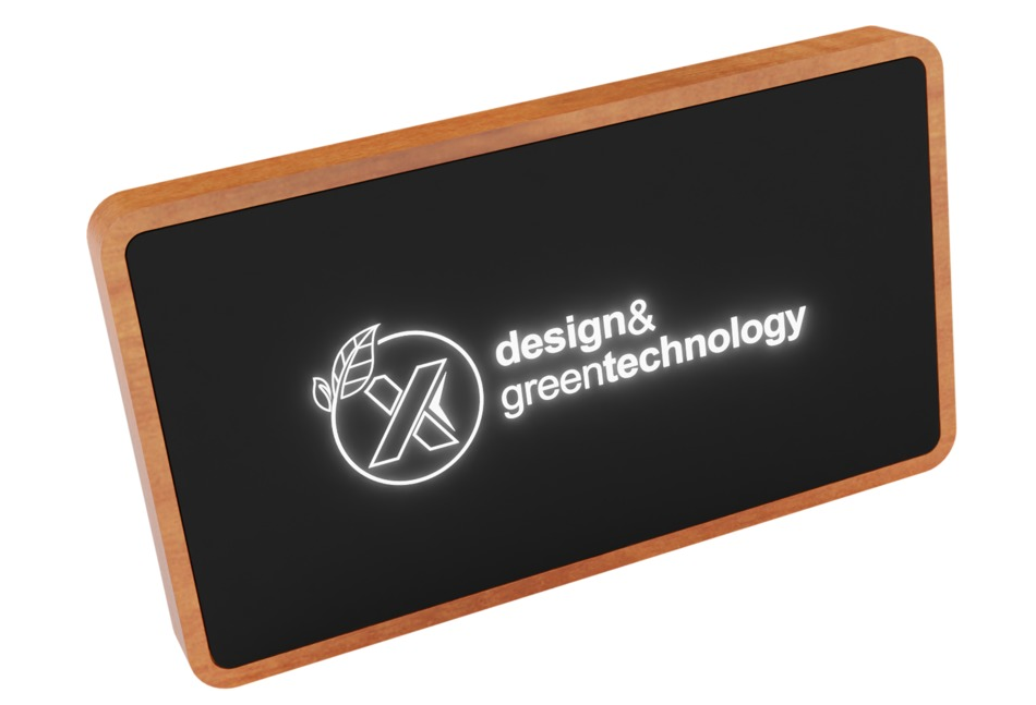 Environment friendly 5000 mah wooden power bank with wireless charging function, decorated with a light-up logo