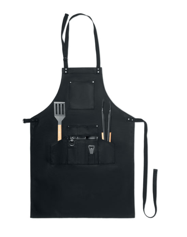 Waxed canvas apron with a stainless steel barbecue set