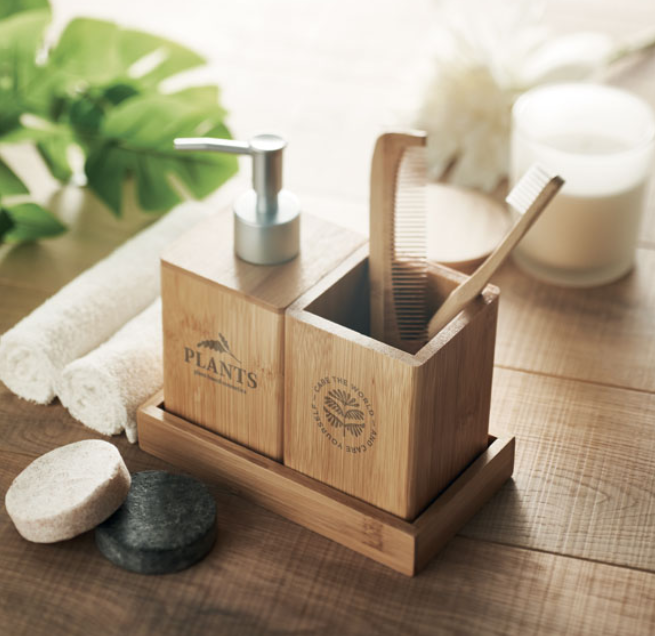 Bamboo bathroom accessories set with logo
