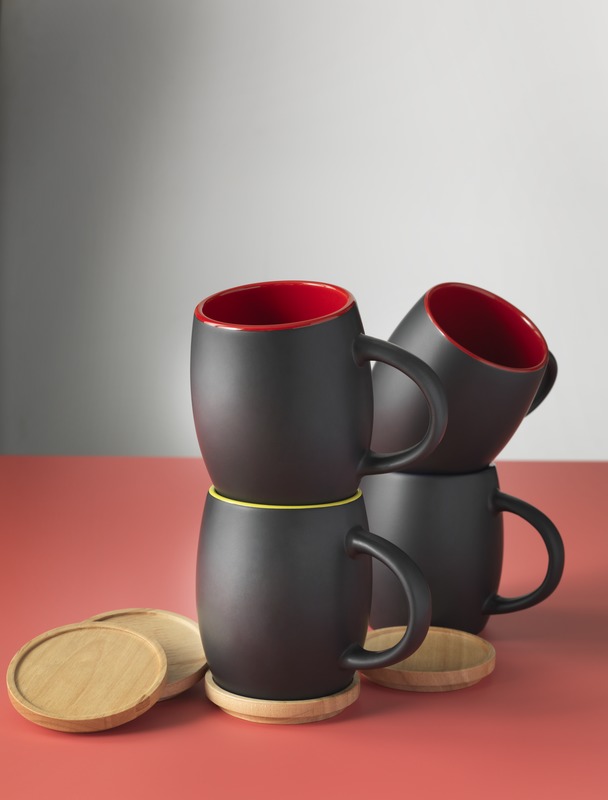 Hearth  ceramic mug with wooden coaster and logo