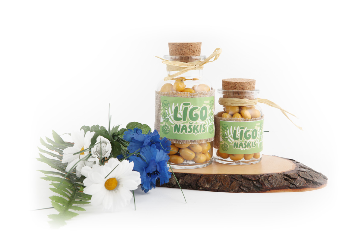 Delicious Līgo greeting in a glass jar with a festive design