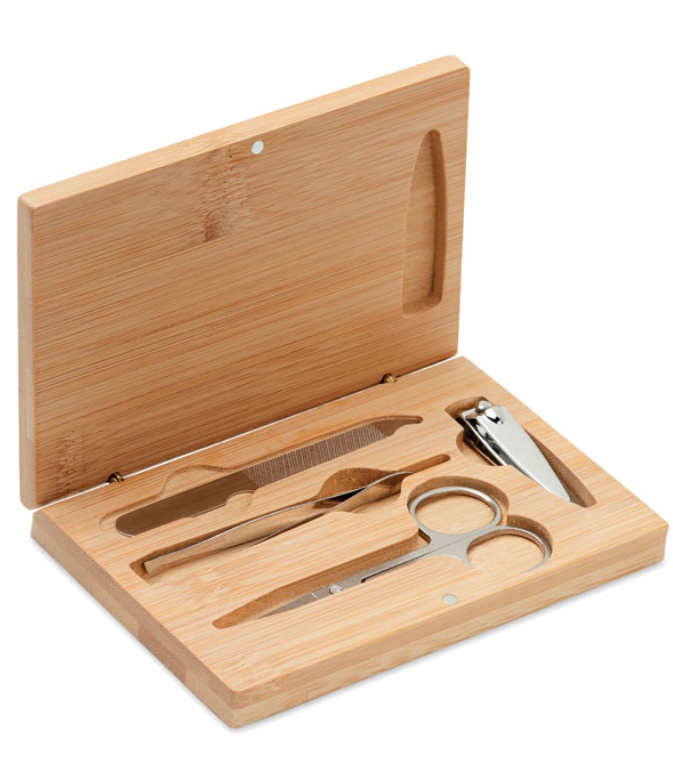 Stainless steel manicure set in a bamboo case