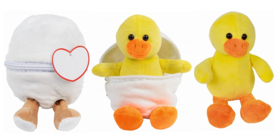 Plush duck in egg with greeting card