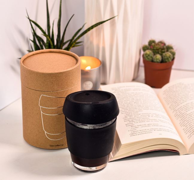 Stylish glass cup with gift box and your logo