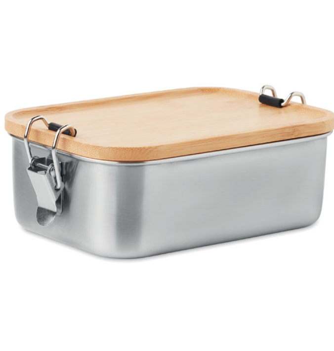 Stainless steel lunch box with side buckles and a bamboo lid "Sanabox"