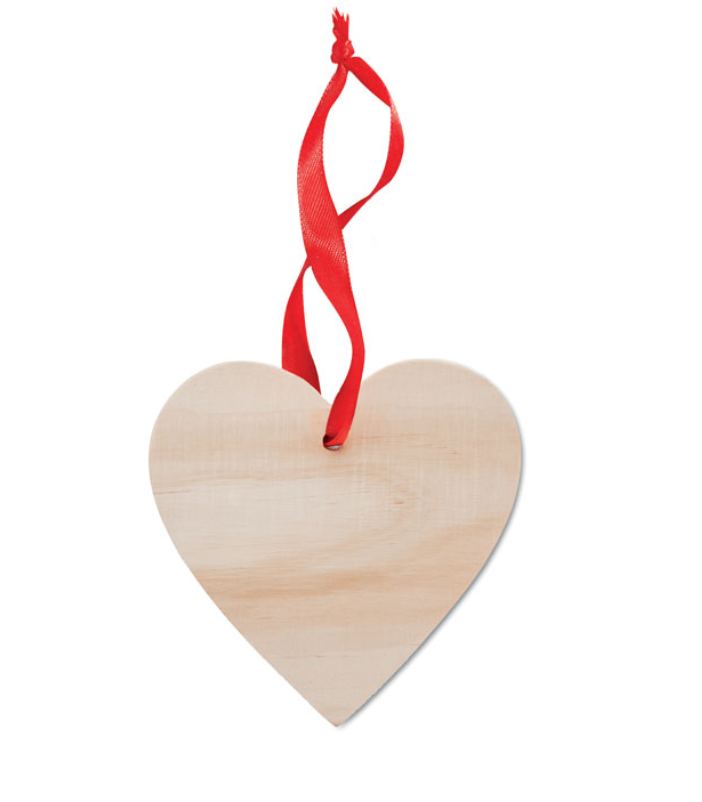 Wooden heart shaped decoration hanger with red ribbon
