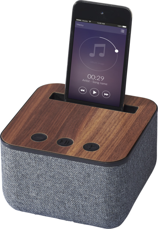 Shae Fabric and Wood Bluetooth Speaker with logo