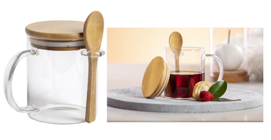 Borosilicate glass mug with bamboo lid and spoon, 420 ml