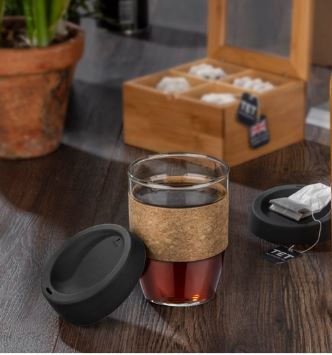 Glass mug for drinks with cork strap