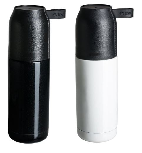Black and white thermos with logo