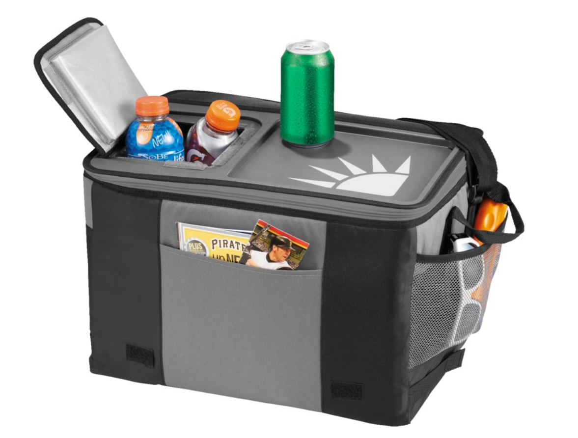 Large cooler bag with easy-access lid and table top function