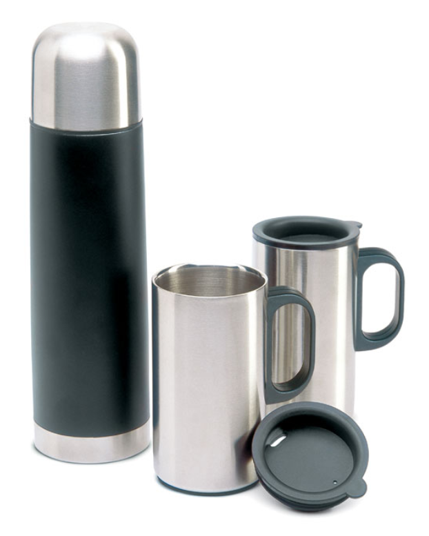 Set of stainless steel insulating vacuum flask and 2 pieces 220 ml mugs